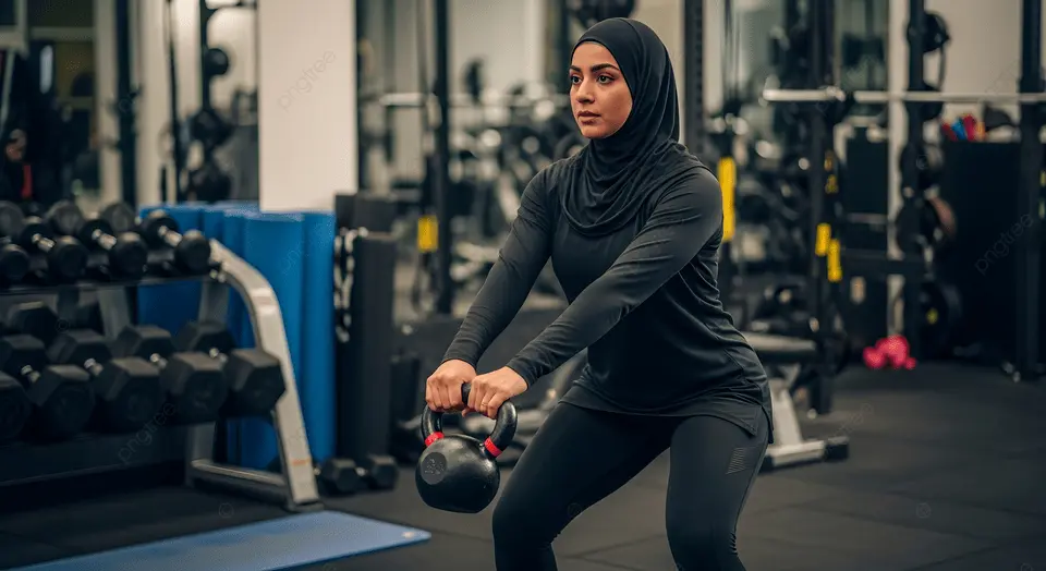 pngtree a muslim woman in athletic hijab performing kettlebell squat gym image 19914206