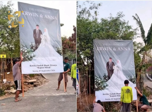 Muak Sering Ditanya “Kapan Nikah”, Pasangan ini Akhirnya Menikah dan Pasang Banner Besar Seperti Caleg di Pinggir Jalan image