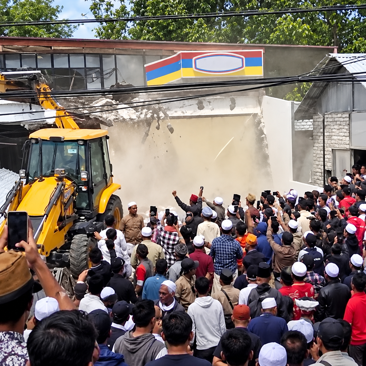Tolak Indomaret, Ratusan Simpatisan Pondok Pesantren di Madura Bongkar Gerai Dengan Escavator