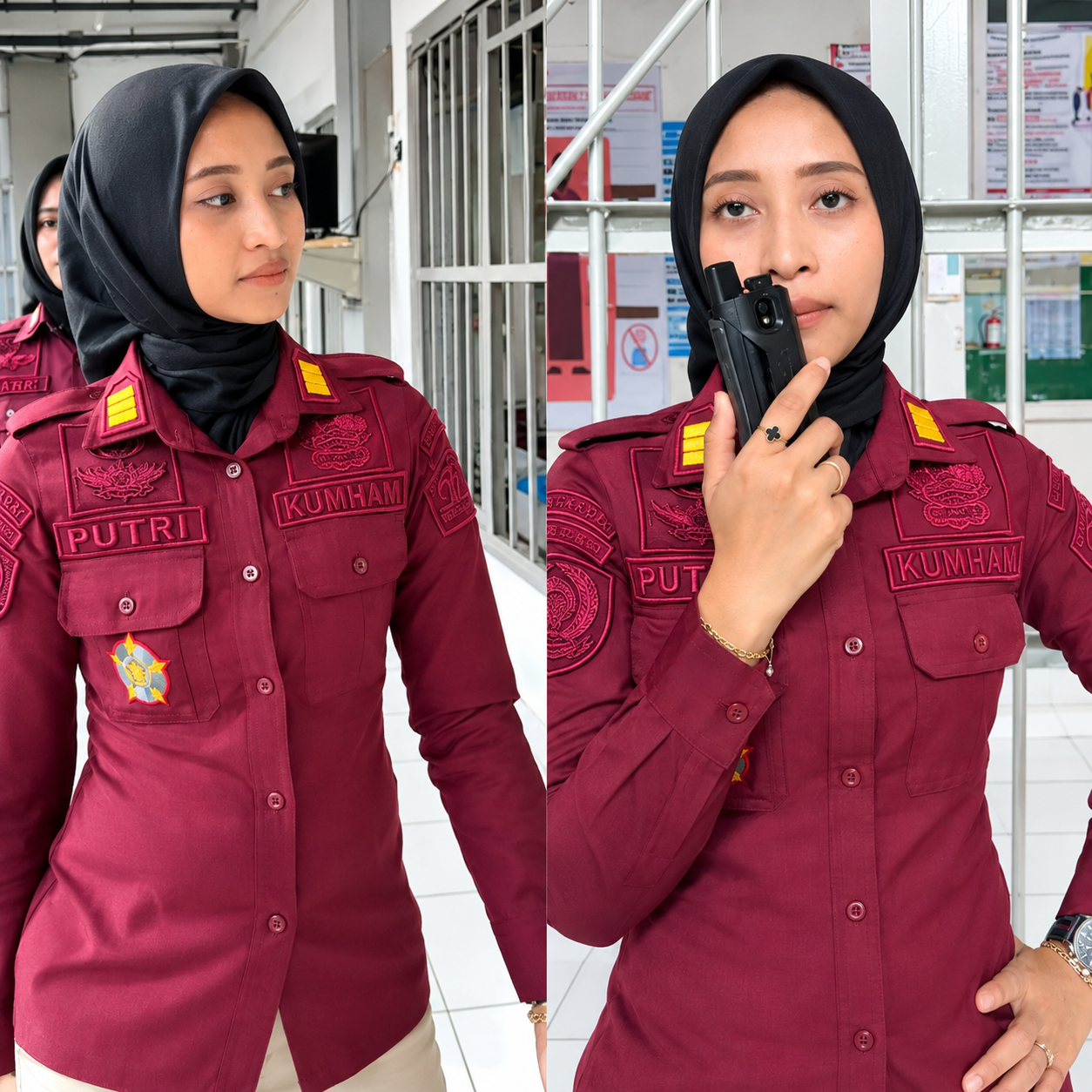 maroon uniform portrait in institutional corridor