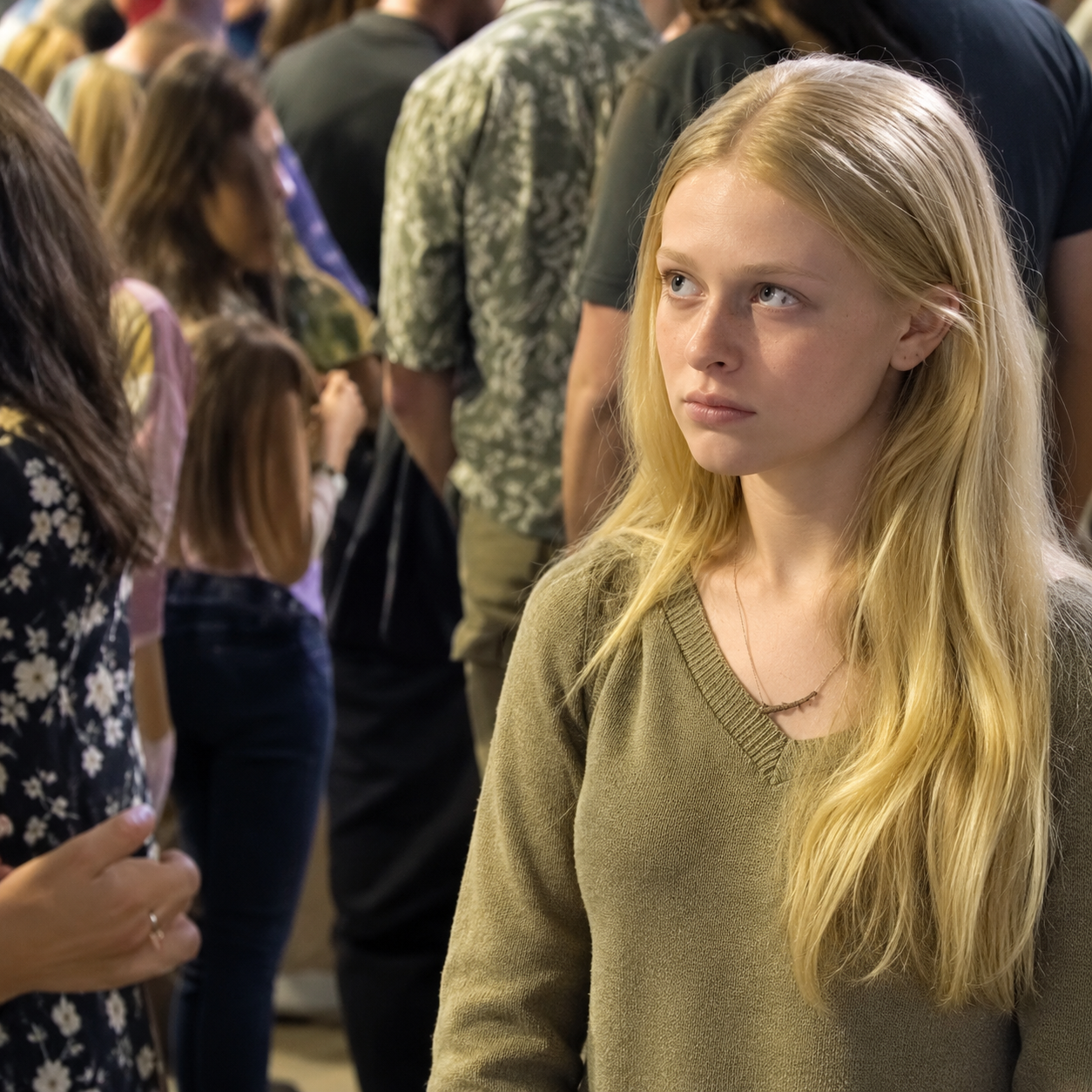 thoughtful blonde amid the crowd